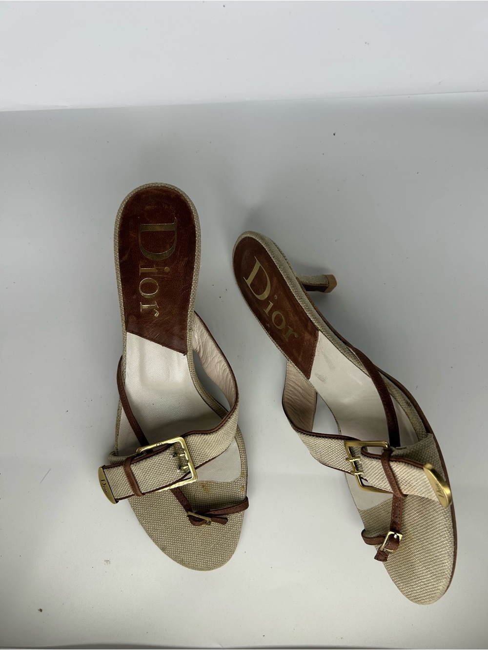 Dior Beige and Brown Buckle Strap Heeled Mules EU 38